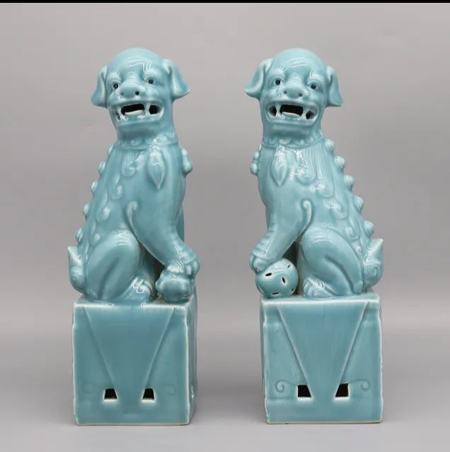 Foo Fu Temple Dogs/Lions Ceramic Statue Pair 27cm H