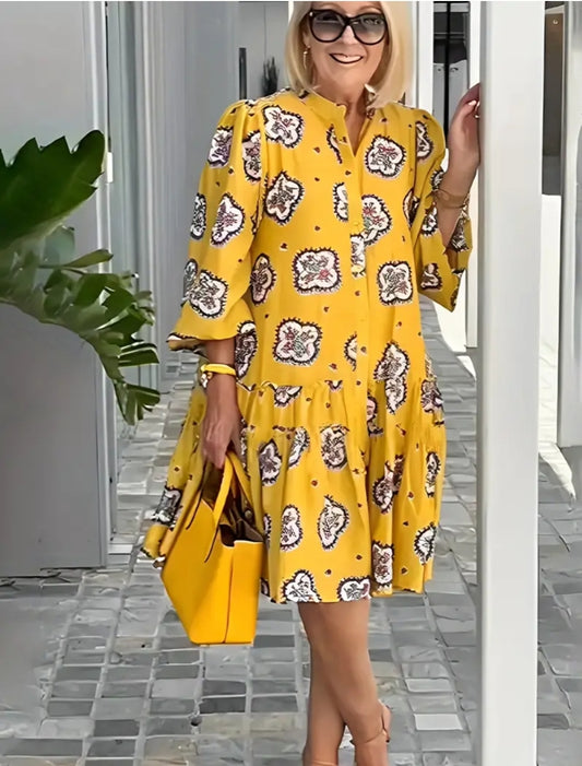 Plus Sized Women's Wear - Yellow Patterned Dress