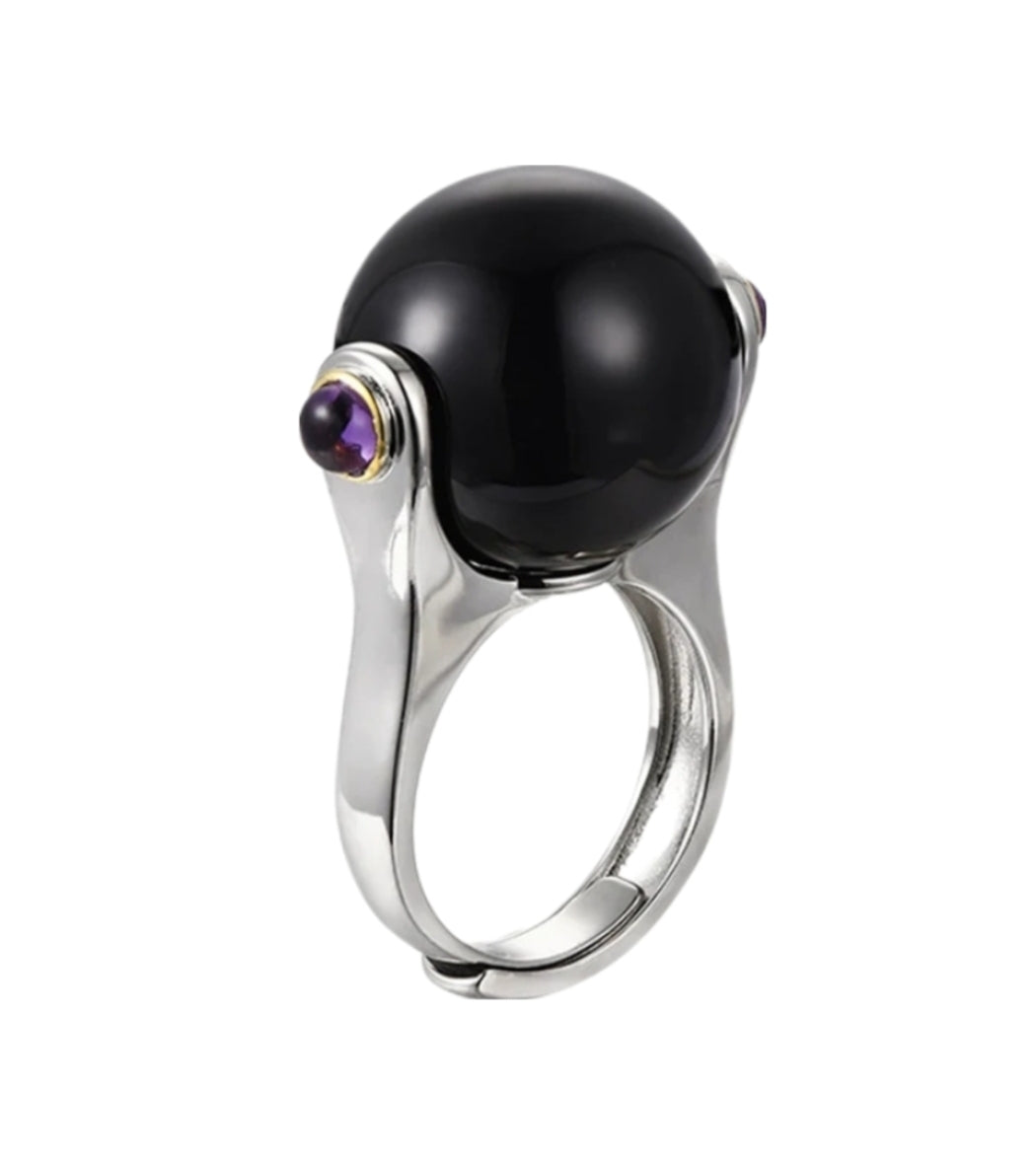 Onyx Gem Ball Sterling Silver Ring