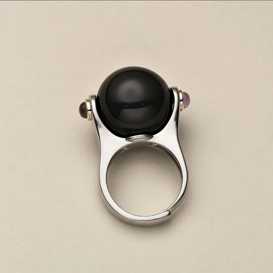 Onyx Gem Ball Sterling Silver Ring