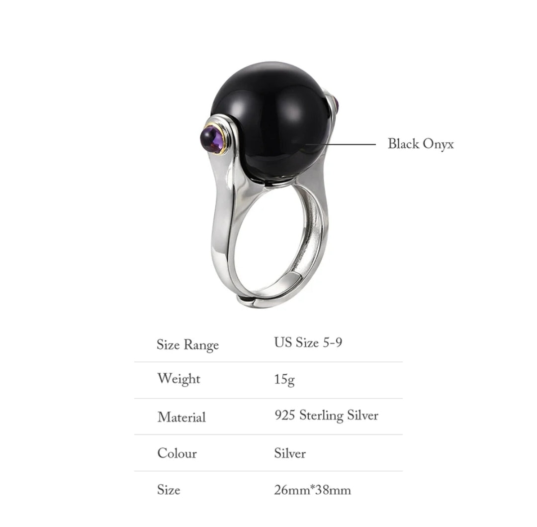 Onyx Gem Ball Sterling Silver Ring