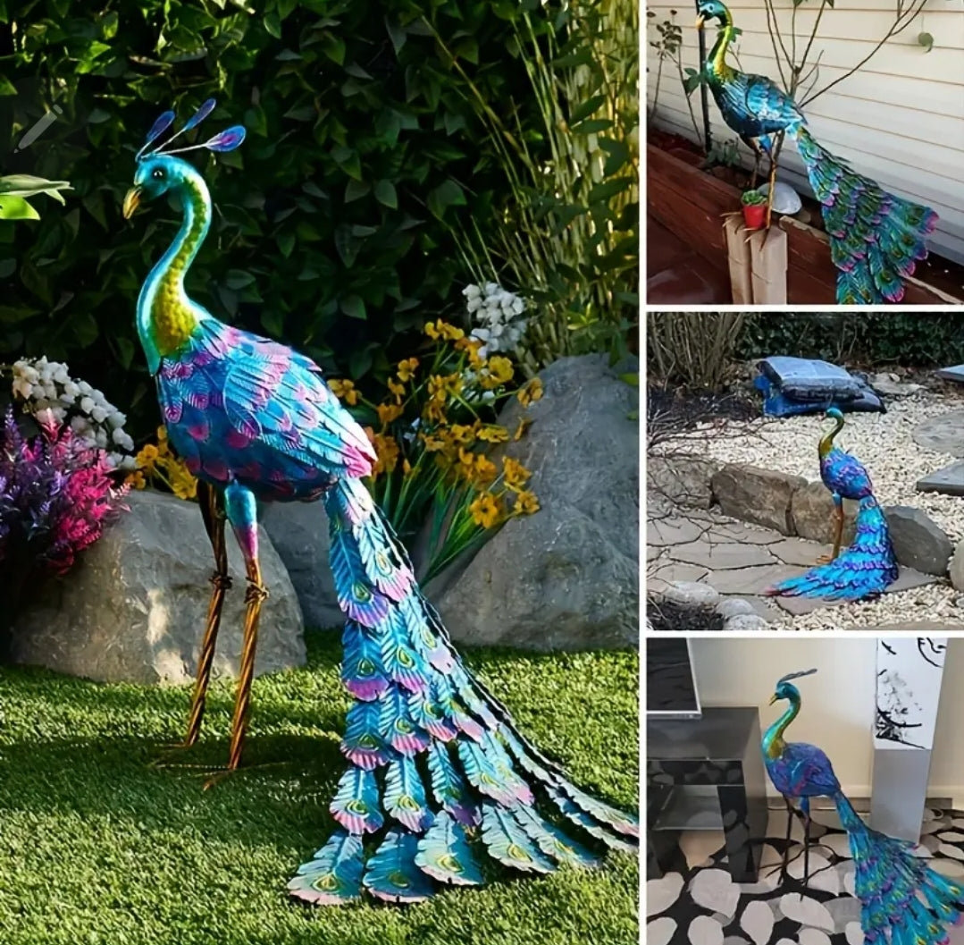 Peacock Tail Down Metal Decor Statue