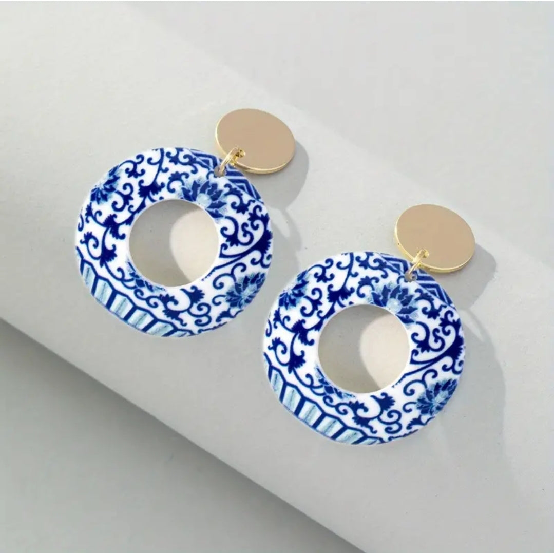 Blue & White Orientals Round Acrylic Earrings