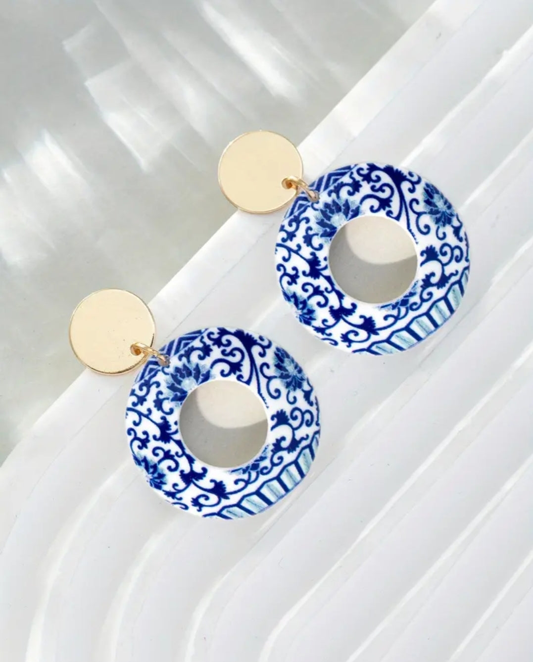 Blue & White Orientals Round Acrylic Earrings