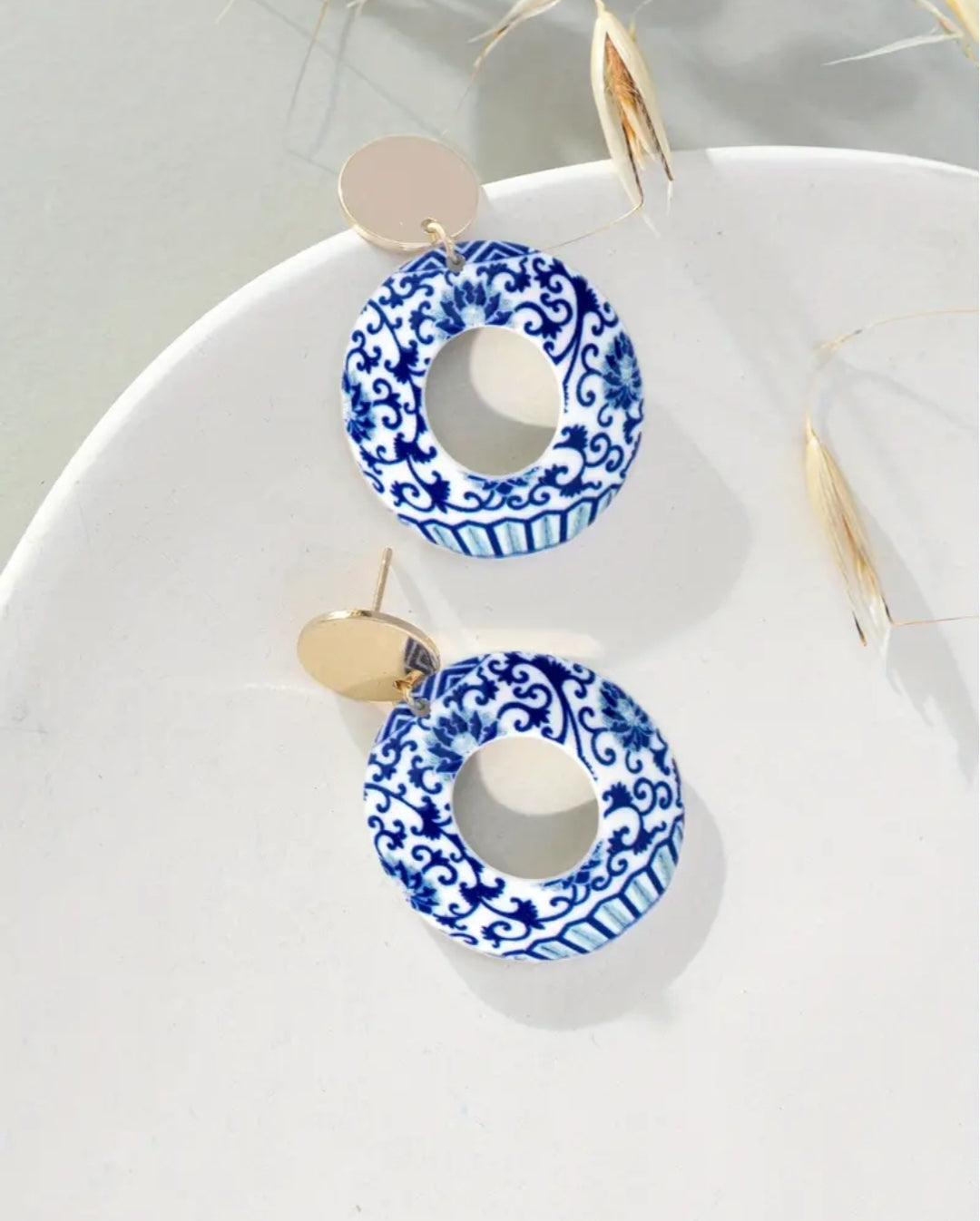 Blue & White Orientals Round Acrylic Earrings