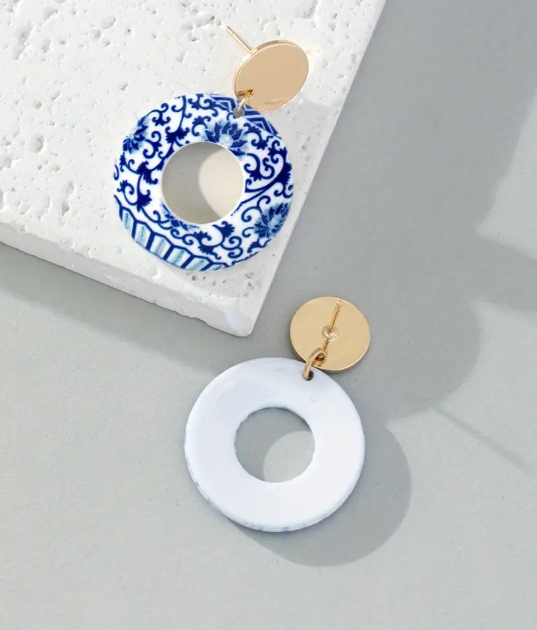 Blue & White Orientals Round Acrylic Earrings