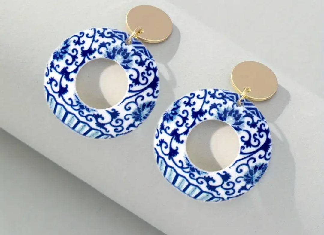 Blue & White Orientals Round Acrylic Earrings