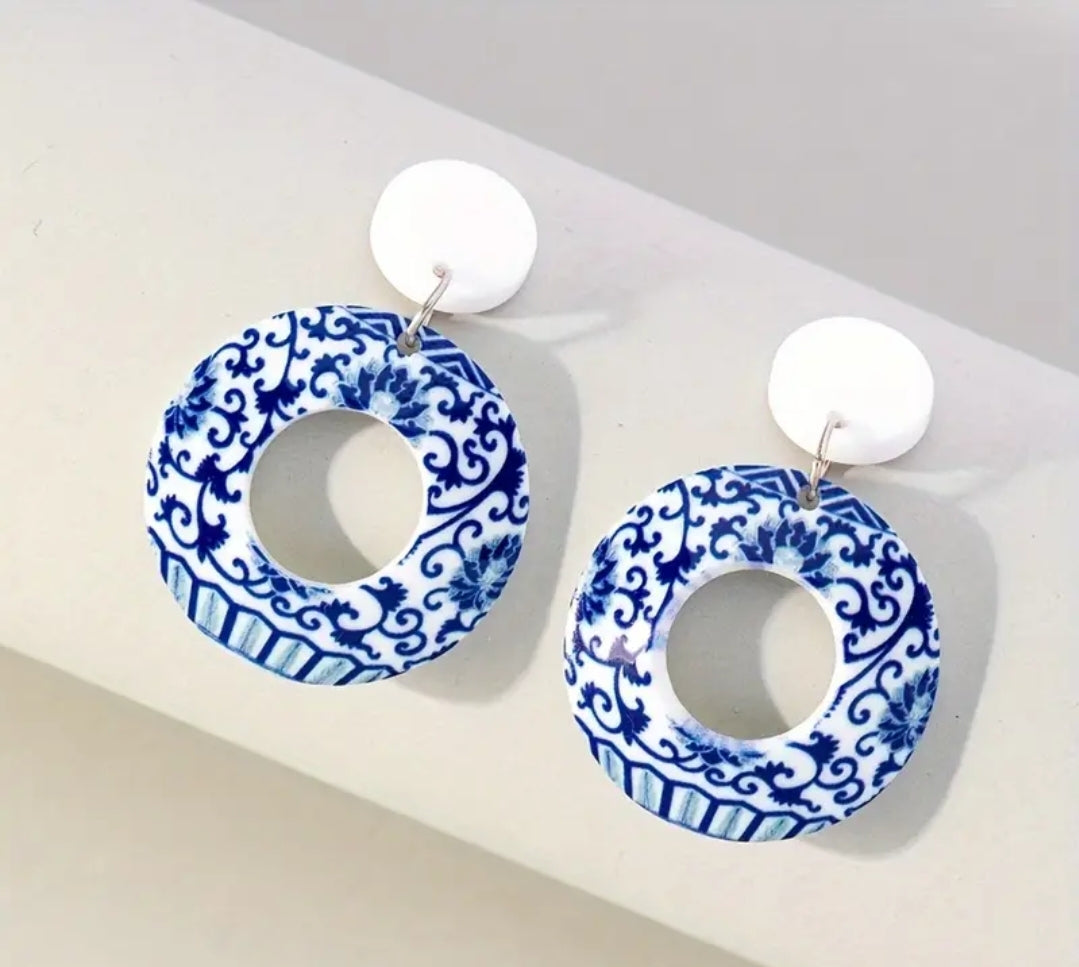 Blue & White Orientals Round Acrylic Earrings