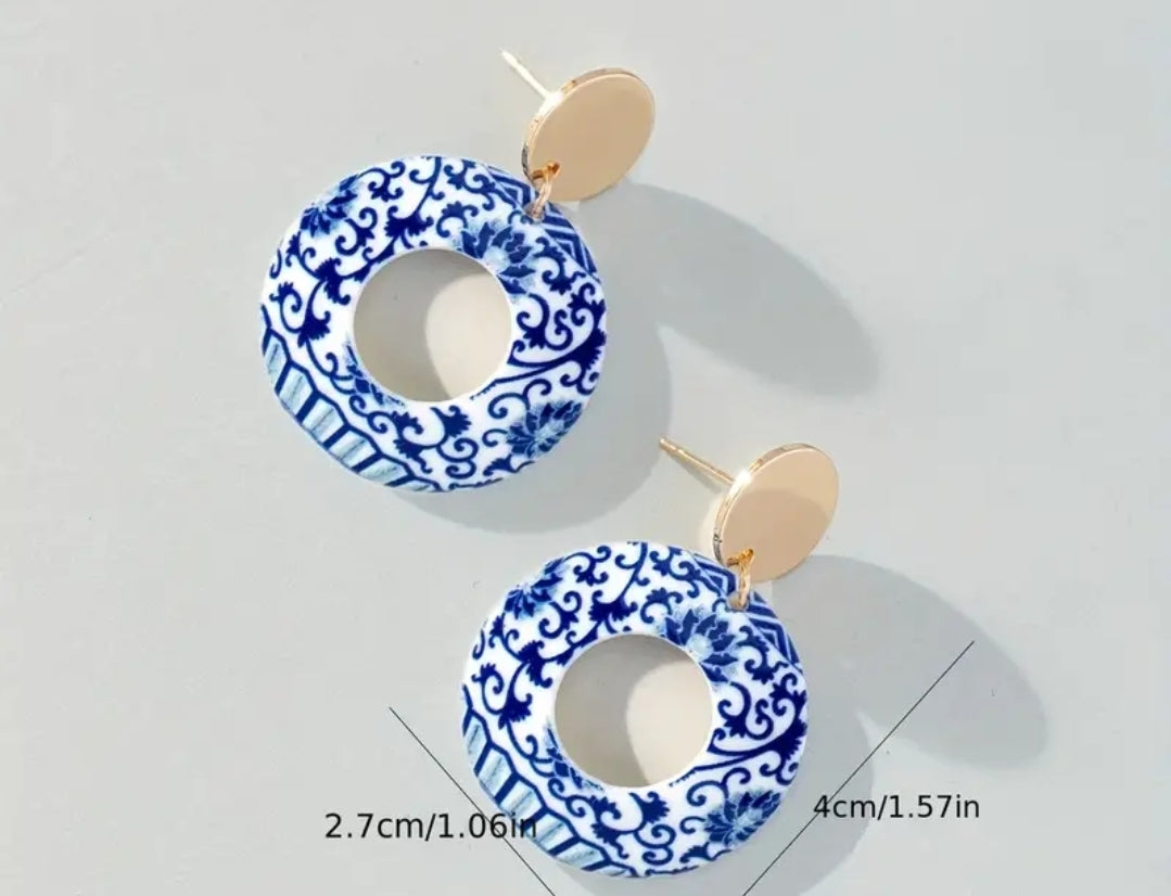 Blue & White Orientals Round Acrylic Earrings