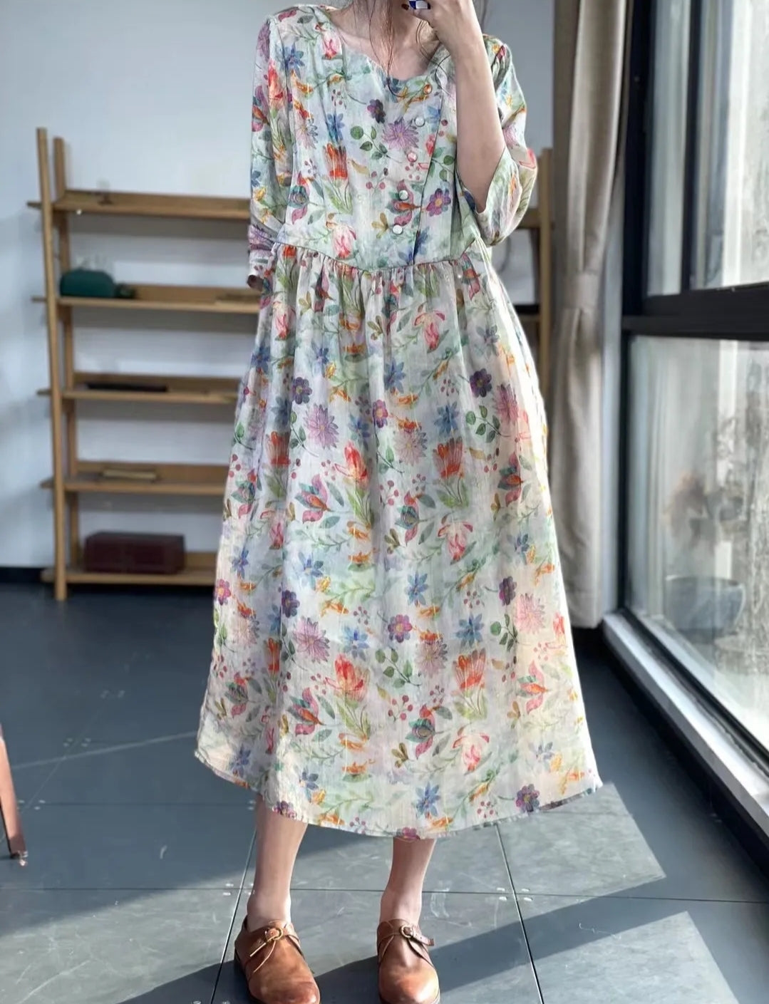 Floral light cotton blend midi dress| M L XL XXL