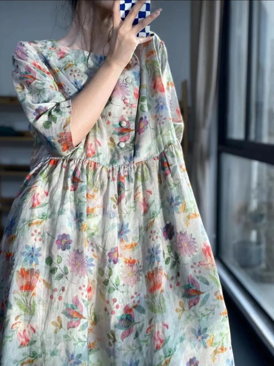 Floral light cotton blend midi dress| M L XL XXL