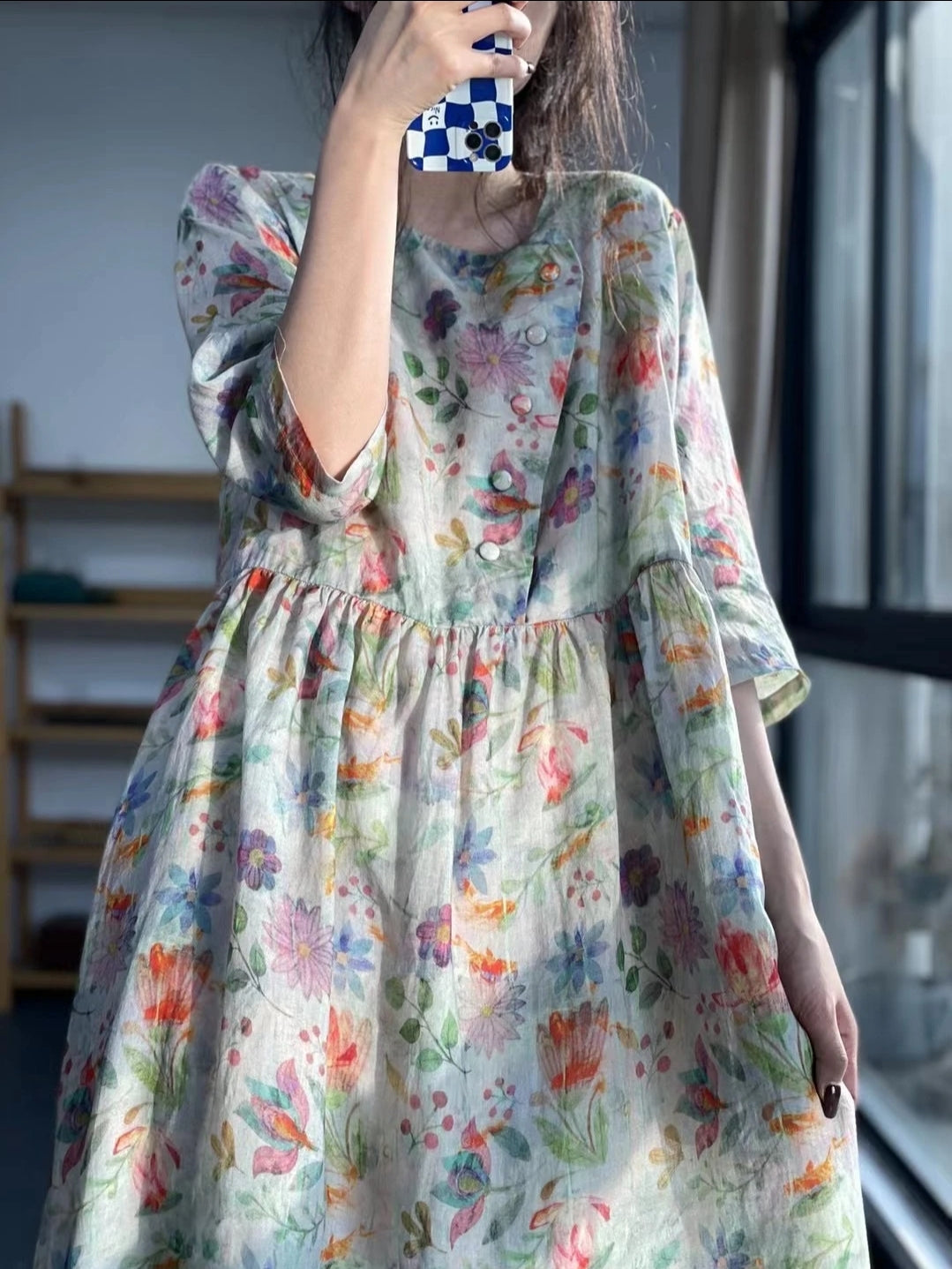 Floral light cotton blend midi dress| M L XL XXL